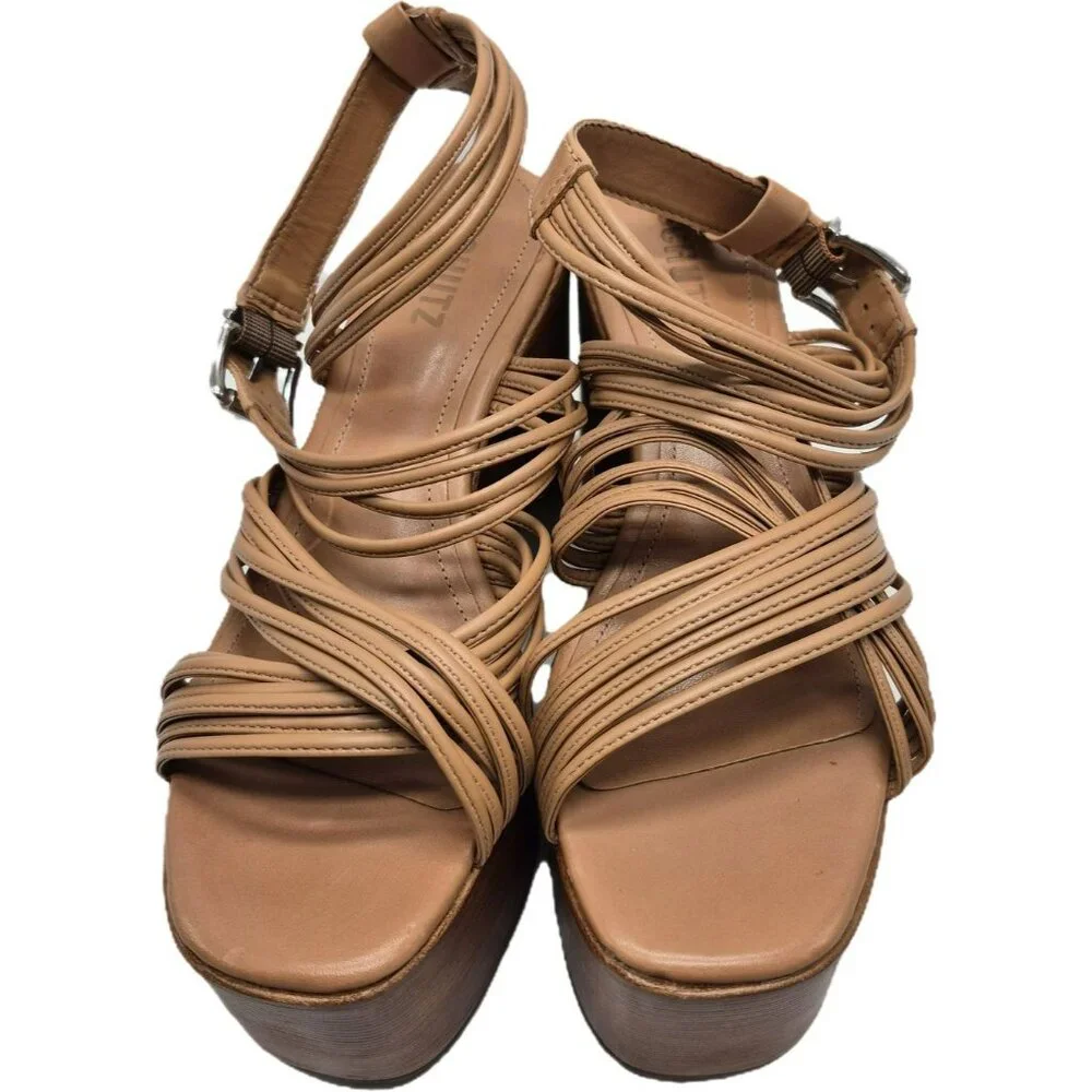 Schutz Marcella Wedge Tan Leather Strappy Platform Sandals Women's 8.5M - Picture 6 of 16